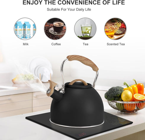 Vegoran Tea Kettle, 100 OZ / 3 Liter Whistling Kettle, Food Grade Stainless Steel with Wood Pattern Folding Handle