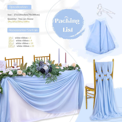 Blue Chiffon Table Runner - 10Ft Long, 27x120 Inches, Romantic Wedding Linens for Bridal Party Decorations