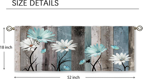 Teal Farmhouse Daisy Curtain Valance for Window Treatments, Rustic Floral Butterfly Kitchen Drapes, 52x18 Inch