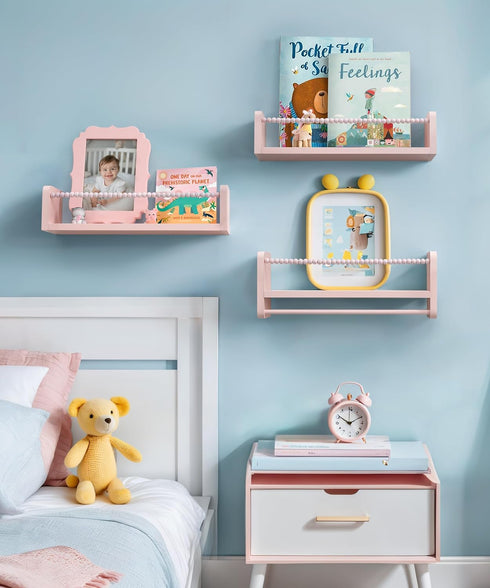 Set 3 Maxpeuvon Nursery Book Shelves, of Kids Bookshelves Natural Wood Wall Mount Organizer with Towel Bar Hanging