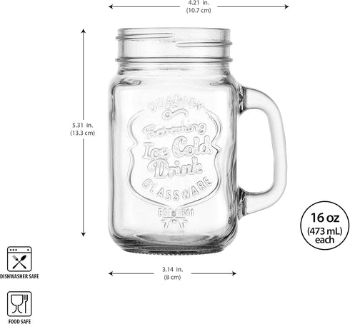 Set 10 16 Oz. Glaver's of Ice Cold Mason Drinking Glasses With Handles. Quality Refreshing Ice Cold Embossed Logo Jars