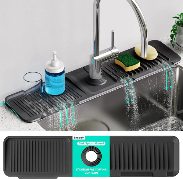 24 Inch Kitchen Sink Splash Guard: Silicone Draining Mat with 5 Slope for Faucet Area, Fast Draining Kitchen Sink Tidy