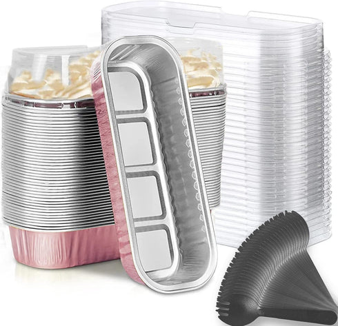 Mini Loaf Baking Pans with Lids and Spoons (50 Pack, 6.8oz) Aluminum Foil Baking Tins for Cupcakes