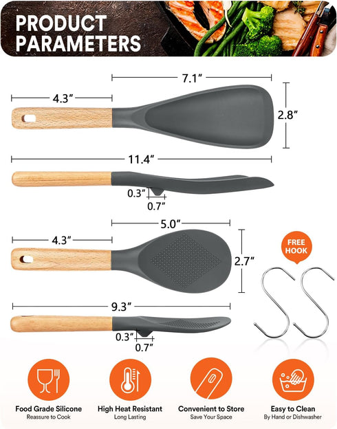 Cooking Spoon and Rice Scooper for Nonstick Cookwares, Great for Cooking and Serving Durable BPA-Free Matte Silicone, Wood Handle Spoon for Mixing, Scoop, and Scrape (Grey)
