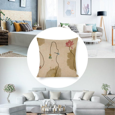 Chinoiserie Throw Pillow Cover, Lotus Ink Painting Flowers, Farmhouse Home Decor 18"x18"