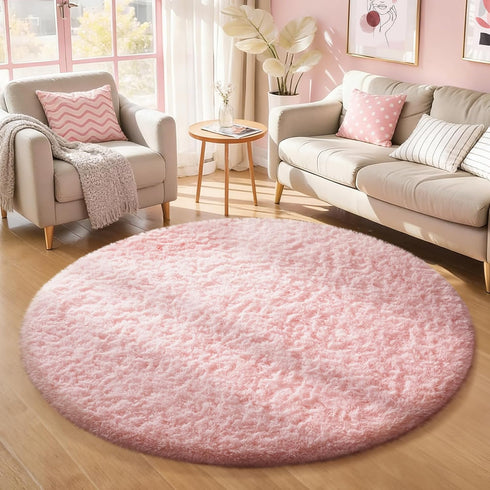Ophanie Pink Round Rugs 5Ft Circle Area Rug, Cute Fluffy Fuzzy Girls