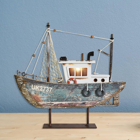 Sailboat Wood Nautical Decor with LED Light - Decorative Sailing Boat Model Beach Themed Ship Table Centerpiece Rustic