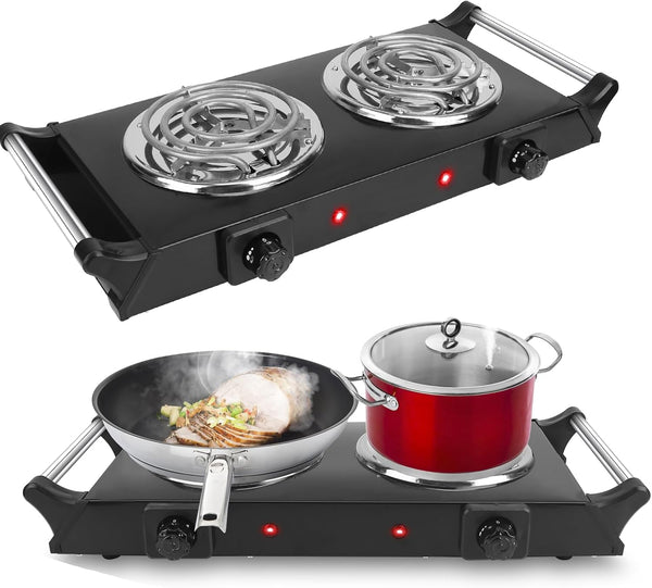Electric Hot Plate, 2000W Double Burner with Adjustable Temperature & Handles, Black Stainless Steel Cooktop for Home