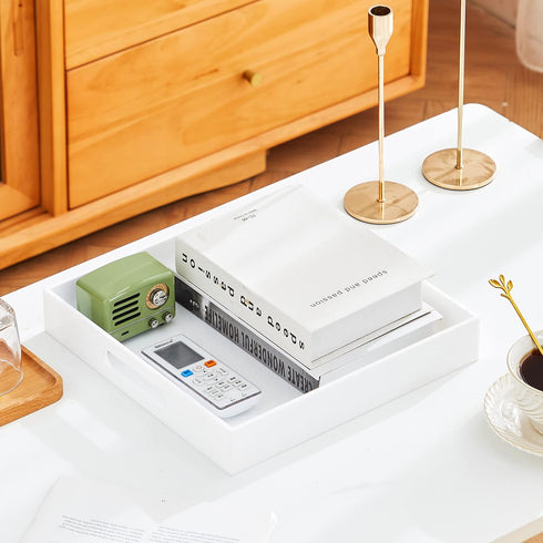 12x12x2H Inches Countertop, Glossy White Acrylic Serving Tray with Handles, - Spill Proof, Decorative Trays for Ottoman