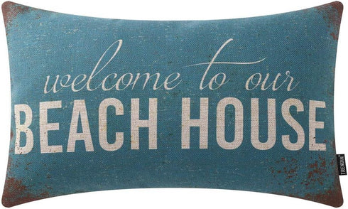 TRENDIN Welcome to Our Beach House Pillow Cover, 20x12 Inch Cotton Linen for Cabin Lodge Decor