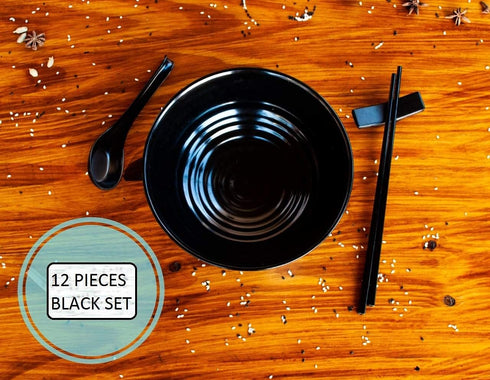 12 Pieces Ramen Set: 4 Black Spoons, 4 Chopsticks, 4 Stand Rest, Unbreakable Melamine for Japanese and Chinese Food
