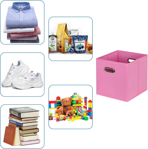 Fabric Cubby Storage Bins, Set of 3 - 13x13x13 Inches Foldable Organizer Bins with Dual Handles in Pink