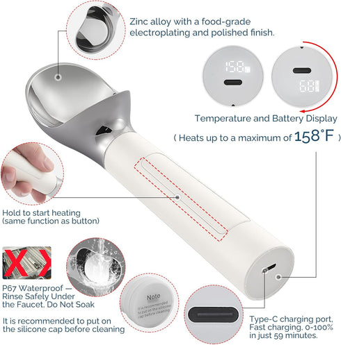 158F IP67 2 oz) Heated Ice Cream Scoop Rechargeable, Electric Warming Ice Cream Scooper with LED Display, Heats