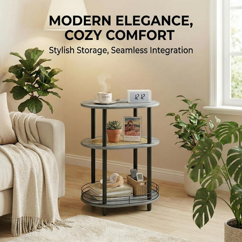 3 Tier Round Side Table with Storage, Oval End Table with Rattan Shelf & Metal Basket - Boho Nightstand, Accent Table