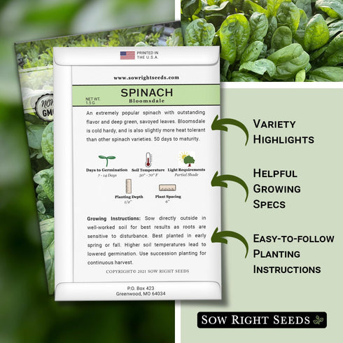 Packet (3) Sow Right Seeds - Bloomsdale Spinach Seeds for Planting - Non-GMO Heirloom with Instructions to Plant