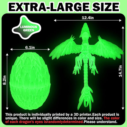 3D Extra Large Dynamic Printed Glow in The Dark Dragon Egg with Dragon InsideOpen and Close Mouth with Wings Movable