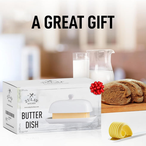 Zulay Kitchen Butter Dish with Lid, Porcelain White Ceramic Butter Keeper with Knob Handle for Cooking, Elegant Design