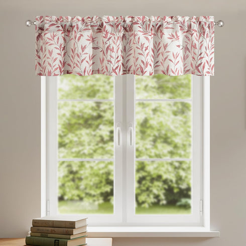 VOGOL Valances for Kitchen, Red Leaf Print Linen Textured Curtain Panel, Rod Pocket, 52x12, One Panel