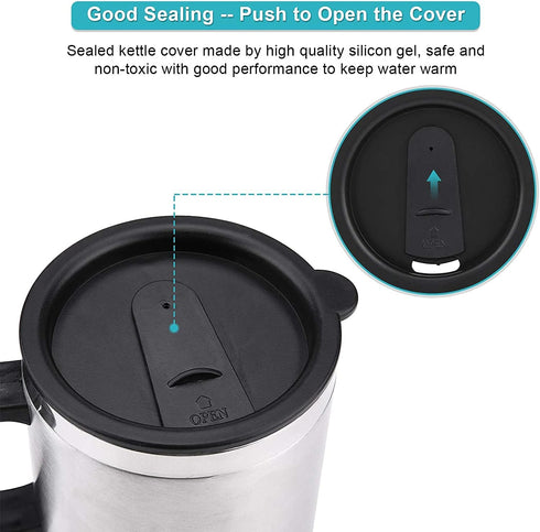 450ML 12V Car Heating Cup, Stainless Steel Electric Kettle Boiler, Portable Coffee Tea Warmer with Cigarette Lighter