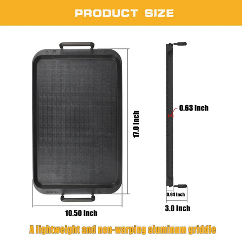 Non-Stick Aluminum Flat Griddle, 17" x 10.5" Double Burner Griddle for Glass and Gas Stove, Great for Breakfast and BBQ