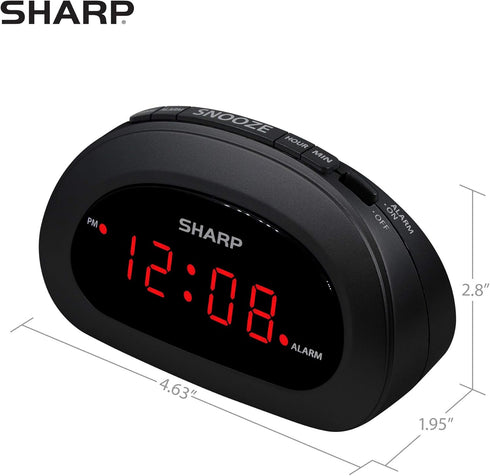 Sharp Small Digital Alarm Clock, Space-Saving Bedside Clock with Large Red LED Display, Battery Backup