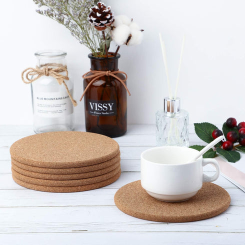 Boao 6 Pcs 6 Inch Round Absorbent Cork Coasters, Wooden Cork Plant Coasters for Home, Drinks Coffee Table Dining