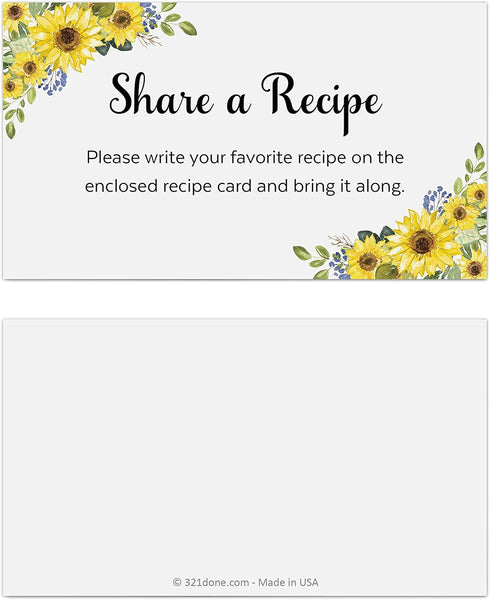 321Done Sunflower Request a Recipe Card: Set of 50, 3.5x2 White Floral Recipe Share Insert Card for Bridal Shower