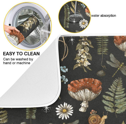 Mushroom Fern Leaves Berry Dish Drying Mat for Kitchen Counter Vintage Botanical Nature Drying Mats Super Absorbent Reversible Microfiber Kitchen Countertop Protector Dishes Pad Medium 16x18 inch