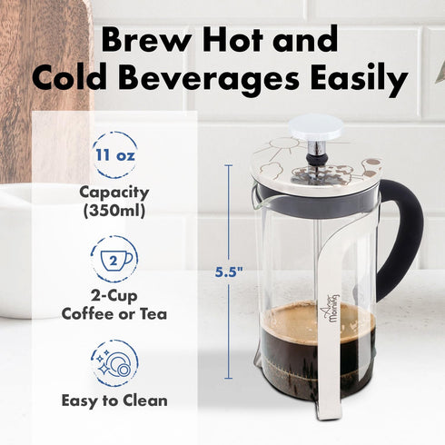 Any Morning 11 oz French Press Coffee and Tea Maker, Silver with Triple Stainless Steel Filters & Borosilicate Glass