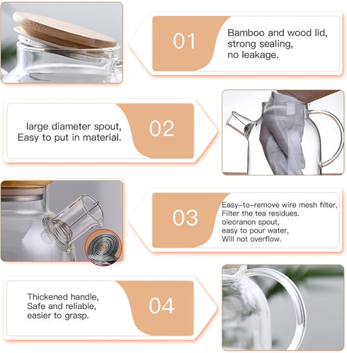 Glass Teapot, Stovetop & Microwave Safe Glass Borosilicate Teapot, Glass Teapot with Strainer, Glass Kettle with Wooden Lid, Loose Leaf and Fruit Tea and Fragrant Tea,60.8oz/1800ml (Wooden Lid)