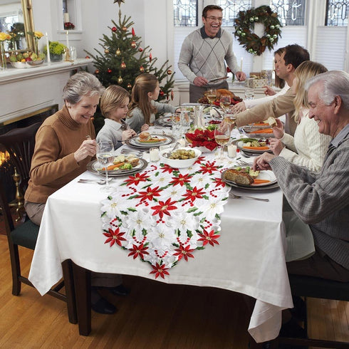 OurWarm Christmas Table Runners, Embroidered Poinsettia Holly Leaf Table Linens, 15 x 70 Inch