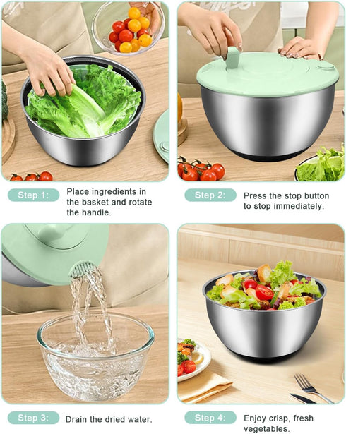 5.3QT 5 Salad Spinner Large,Stainless Steel Lettuce Spinner,Fruit Vegetables Wash Bowl with Blade Slicer,Egg Yolk