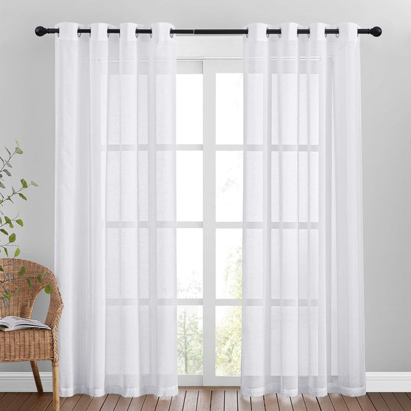 NICETOWN Sheer Curtains for Living Room, Grommet Top Faux Linen Semitransparent Curtains, 84 inches Long, White