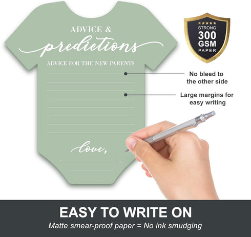 50 (Set 50) Baby Shower Advice & Prediction Cards - For Guests - Green Onesie Double Sided Advice + Predictions Cards