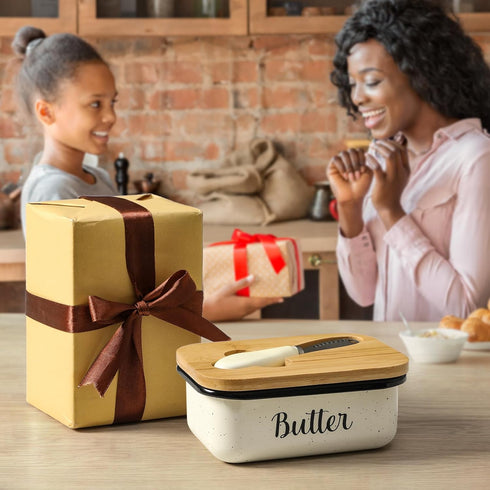 Butter Dish with Lid and Curler Knife, Unbreakable Metal Keeper Container for Kitchen Farmhouse Decor, Speckled White