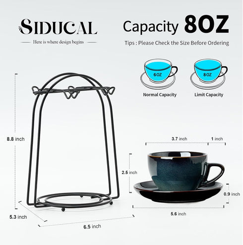 SIDUCAL Espresso Cups Set of 4, 8oz Porcelain Coffee Cups with Saucers, Microwave/Dishwasher Safe