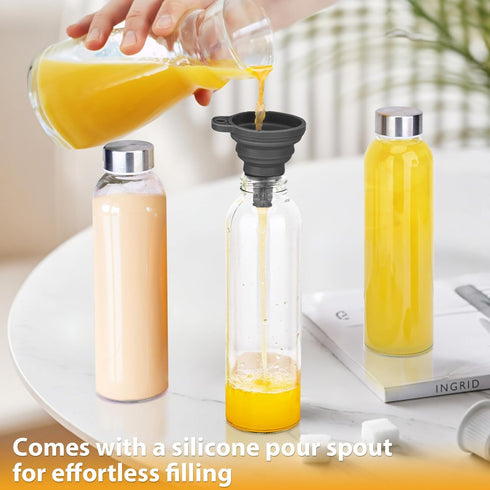 18 oz (6-Pack, PROBTTL Glass Juice Bottles with Lids Refillable Clear Glass Water Bottles with Stainless Steel Airtight