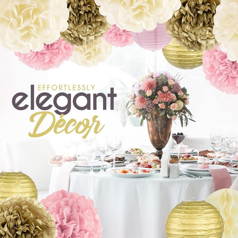 EpiqueOne 22-Piece Tissue Paper Pom Poms Party Set, Pink, Gold & Ivory for Birthdays, Showers & More