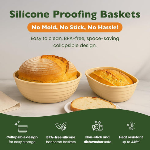 Helena Vitalit Set 10" 9" Bannetons,1000ml Sourdough Starter Kit Bread Baking with Oval & Round Silicone Starter Jar
