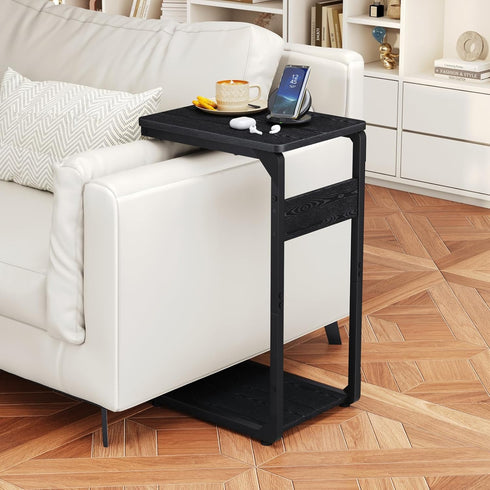 Vovonusy ET-YB-BK1 Wood Pedestal Small Sofa Side Table for Couch, Tall Nightstand, C Shaped End Table, TV Trays
