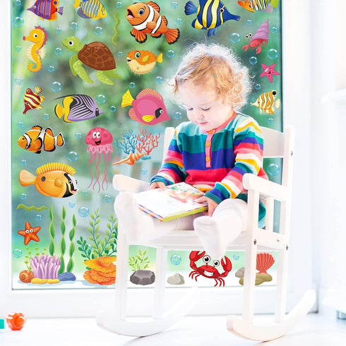 9 Sheets Summer Window Clings, Ocean Themed Tropical Fish Double-Sided Decals for Home Office Bathroom Decor