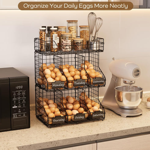 X-cosrack Countertop, 3 Countertop/Wall-Mounted Egg Holder Tier Egg Rack with Labels Dividers to Separate Eggs