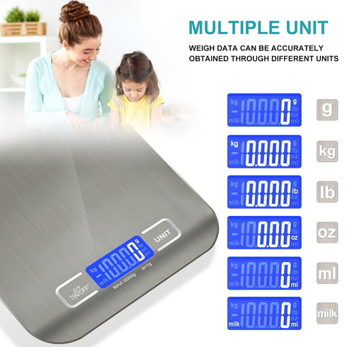 Food Scale, 11lb Kitchen Scale with 6 Units Tare Function & LCD Display, 0.05oz/1g Stainless Steel Digital Food Scale Grams and Ounces for Baking, Cooking, Dieting and Meal Prep (Batteries Included)