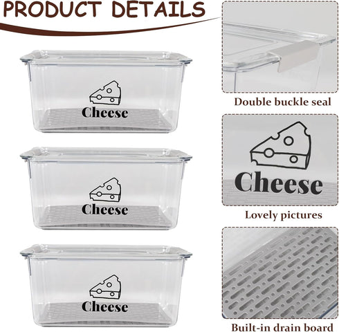 Yomjarl 3 Pack Cheese Container Airtight with Draining Basket Cream Block Cheese Sliced Cheeses Box with Lid Saver