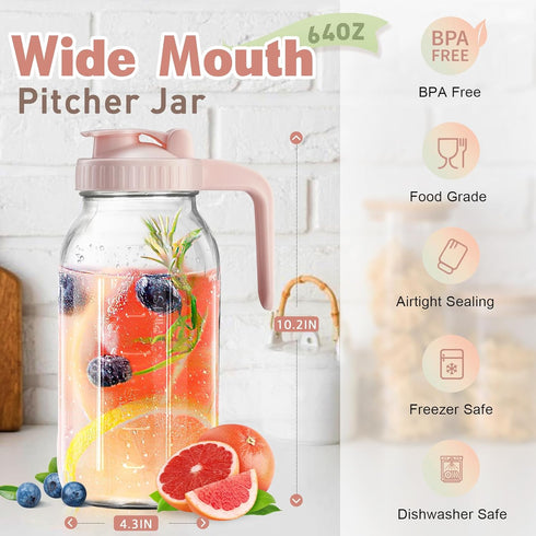 2 64 oz Mason Jar with Pour Spout Lid V-shaped, Quart Iced Tea Pitcher Double Leak Proof, Drink Pitcher for Breastmilk