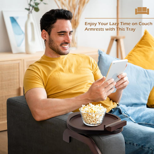 360 SINWANT Couch Arm Table, Bamboo Round Sofa Clip on Tray with Phone Holder,Foldable Couch Armrest Table Eating on