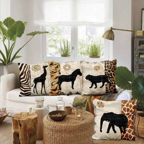 VENUSL Set of 4 Decorative Throw Pillow Covers, African Animals Giraffe, Elephant, Horse, Leopard, 18x18 Inch
