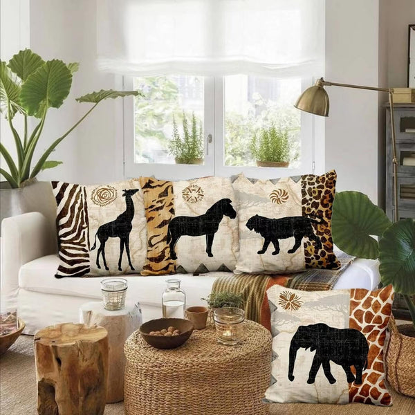 VENUSL Set of 4 Decorative Throw Pillow Covers, African Animals Giraffe, Elephant, Horse, Leopard, 18x18 Inch