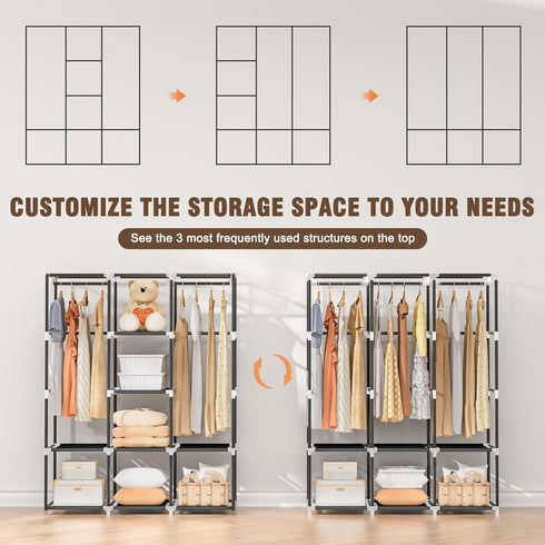 Portable Wardrobe Closet for Hanging Clothes, Free Standing Rack with Cover, 3 Hanging Rods, 6 Storage Shelves, 2 Side