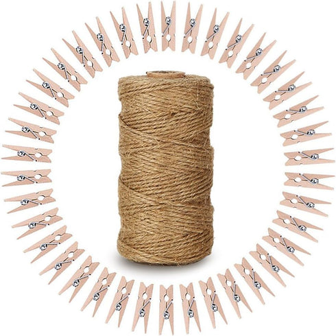 328 Feet Natural Jute Twine with 100 Pcs Mini Natural Wooden Clothespins for Craft Pictures Clips